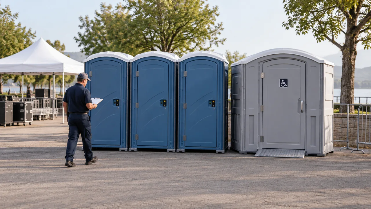 Operatore controlla l’allestimento di bagni mobili, compresa un’unità accessibile, presso un evento all’aperto.