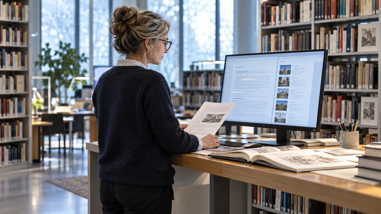 Persona confronta documenti cartacei e pagine sul monitor durante una ricerca in biblioteca
