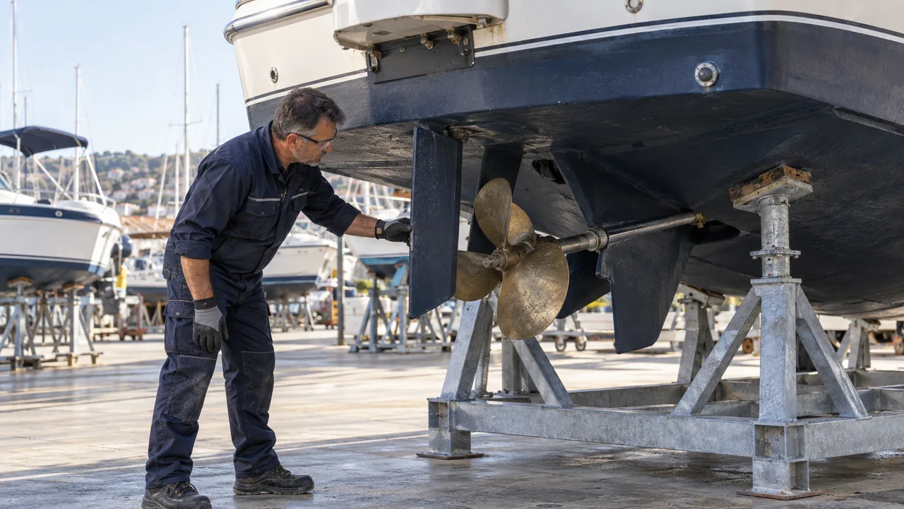Un tecnico controlla l’elica di un’imbarcazione a secco all’interno di un cantiere nautico.