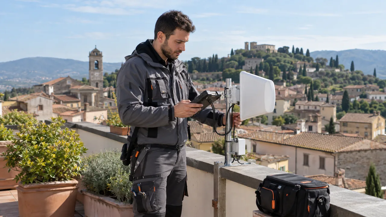 Un tecnico verifica un’antenna bianca su una terrazza protetta, con un borgo collinare sullo sfondo.