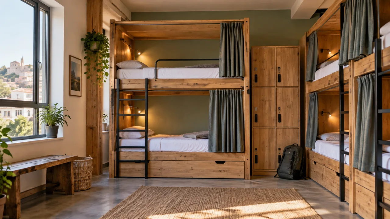 Dormitorio di un ostello con letti a castello, tendine e armadietti individuali, in una scena illustrativa.