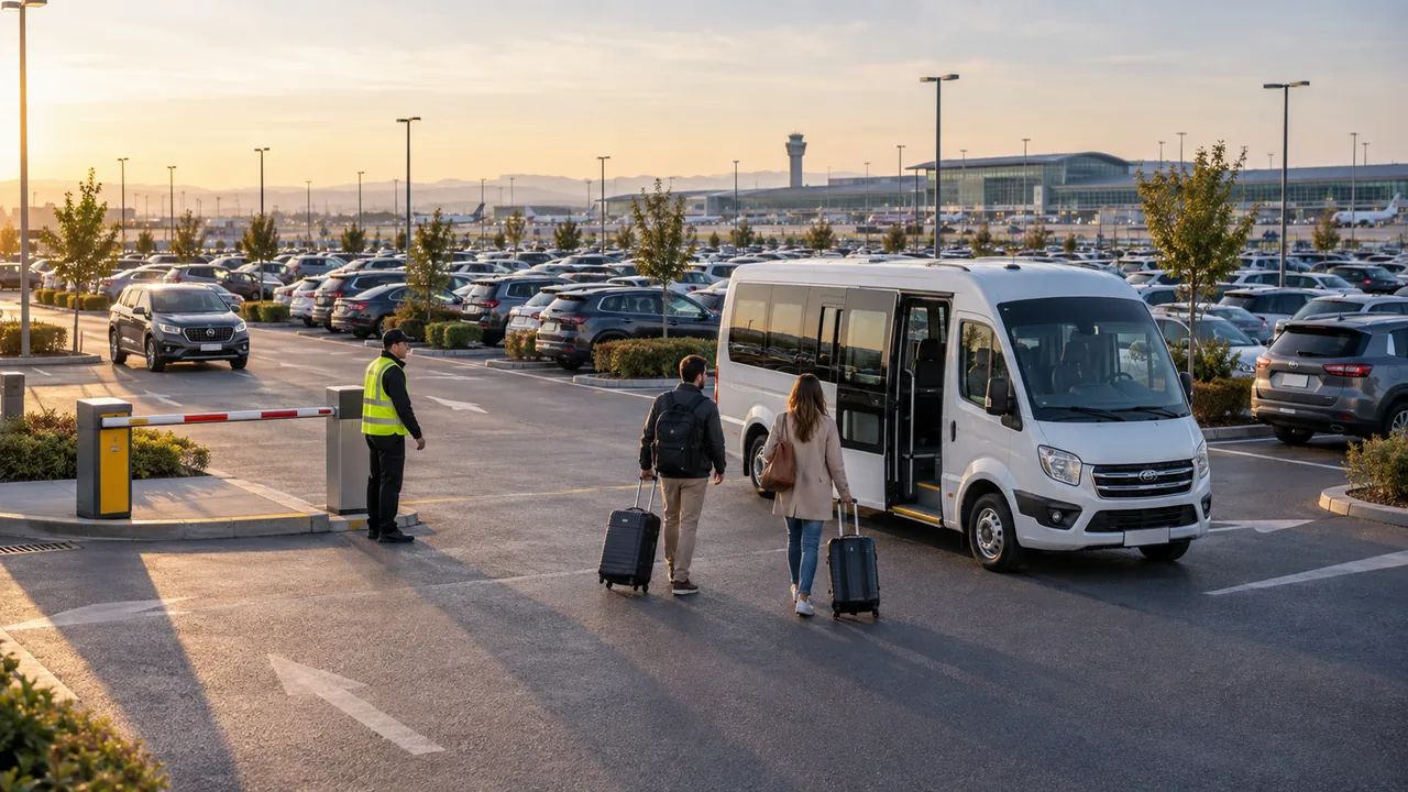 Parcheggio aeroportuale ordinato con navetta e viaggiatori con valigie al mattino, in una scena illustrativa.