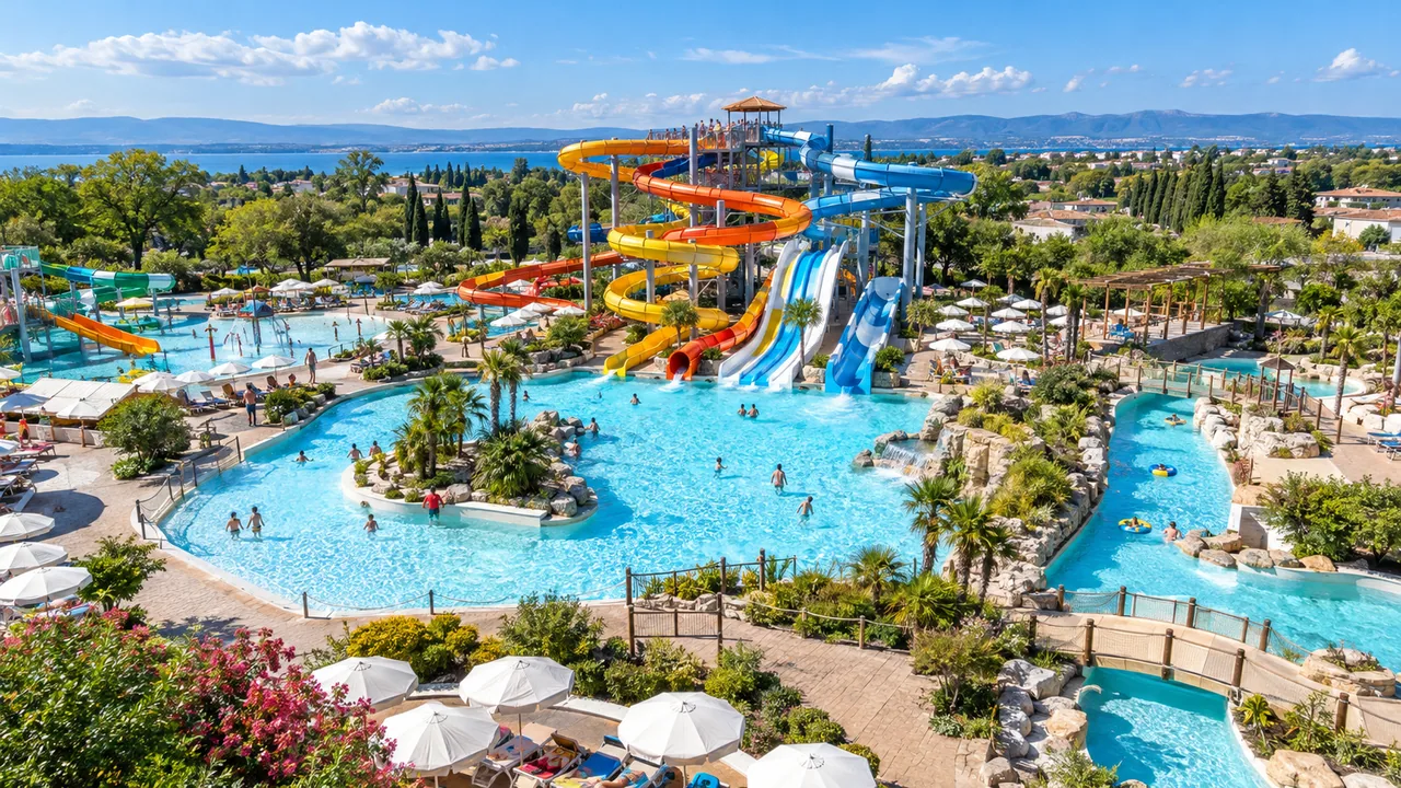 Veduta di un parco acquatico con piscine, scivoli e percorsi tra le aree.