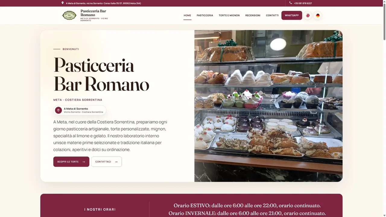 Homepage del sito Pasticceria Bar Romano con specialità, torte, colazioni e aperitivi