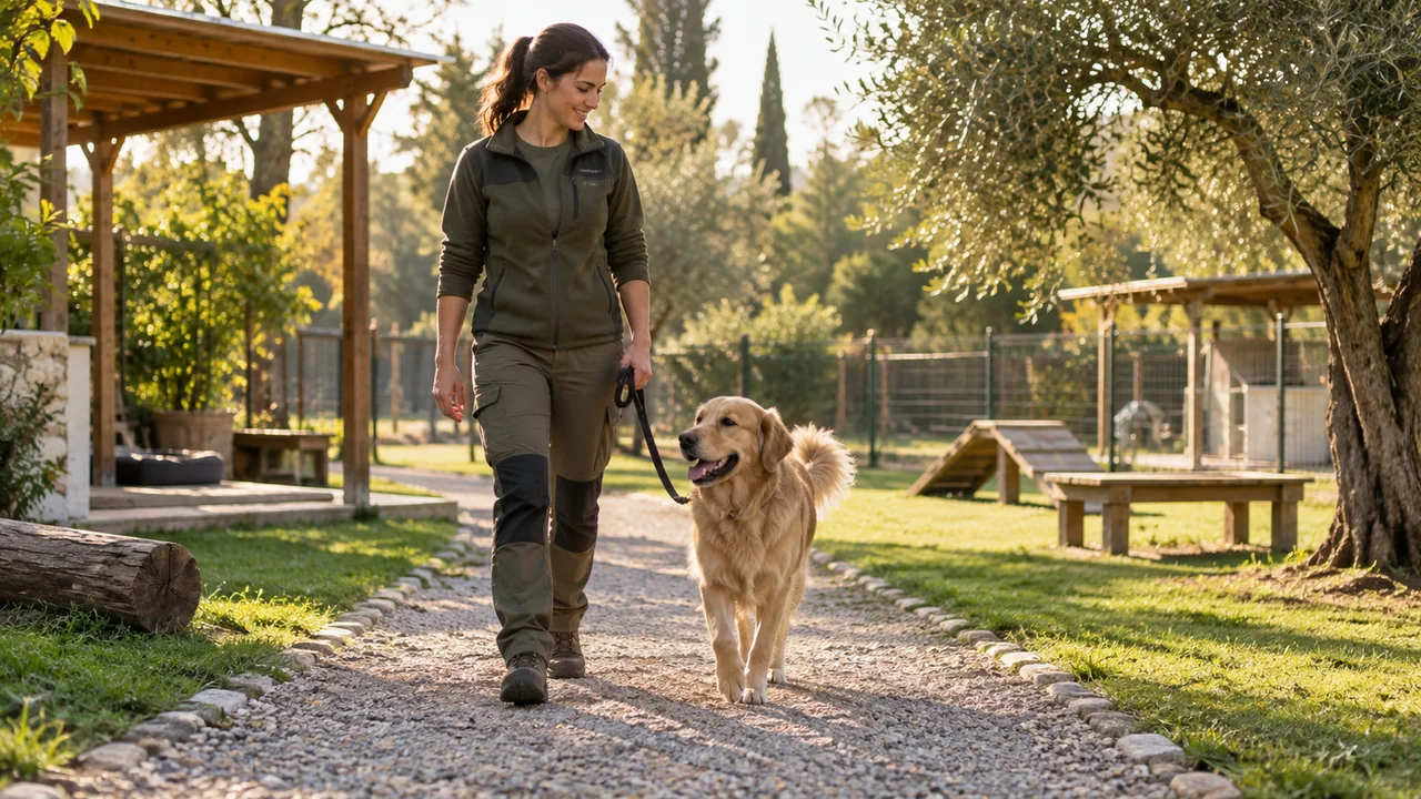 Un’operatrice accompagna un cane al guinzaglio in un giardino attrezzato per l’accoglienza degli animali.
