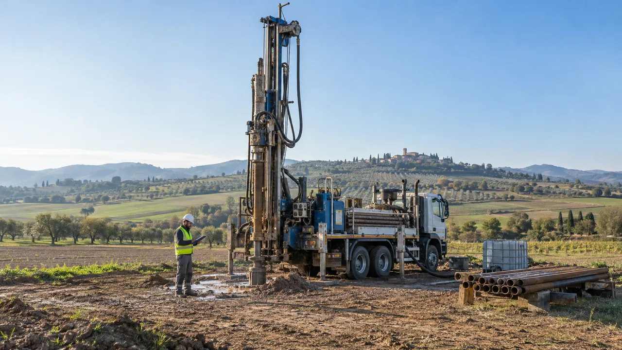 Perforatrice ferma in un terreno rurale con un tecnico accanto al mezzo