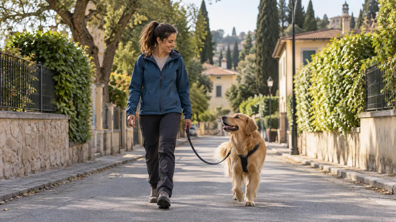 Pet sitter durante una passeggiata con un cane in un quartiere residenziale.