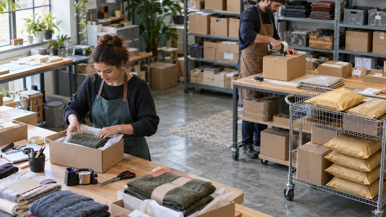 Scena illustrativa generata con AI: due addetti preparano pacchi e ordini per una promozione in un magazzino di accessori tessili.