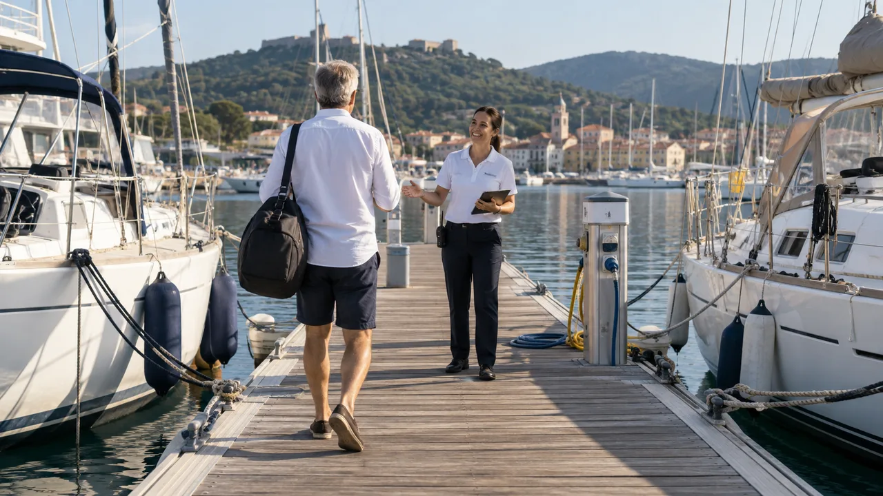 Pontili di una marina con imbarcazioni ormeggiate e colonnine di servizio, in una scena illustrativa.
