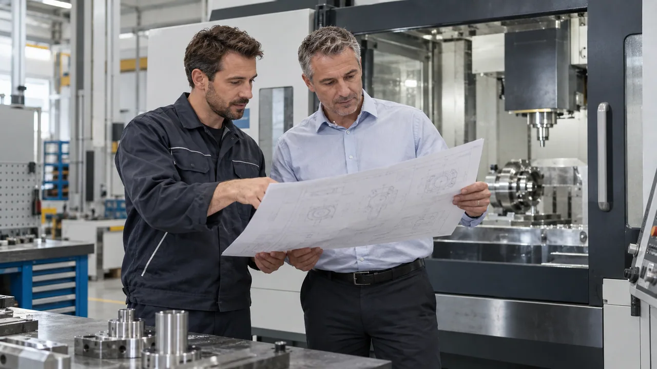 Tecnico e responsabile commerciale esaminano disegni davanti a un macchinario industriale.