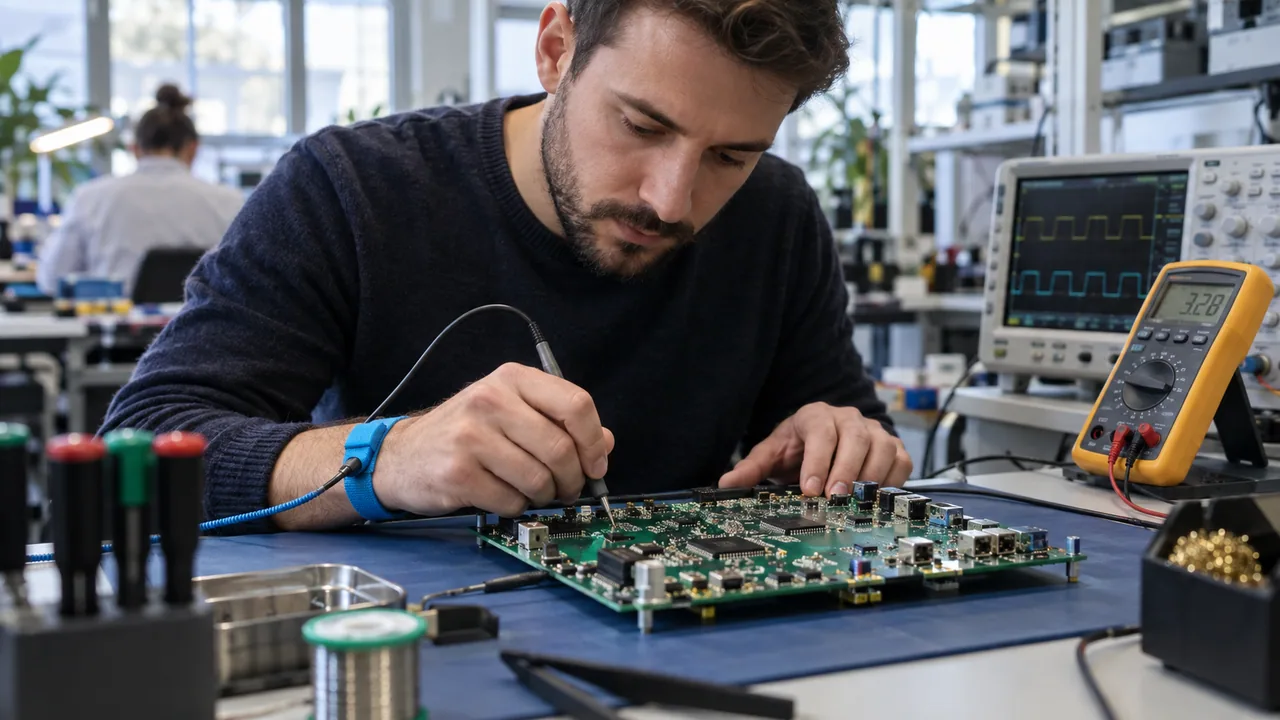 Scheda elettronica su un banco da collaudo con strumenti di misura e le mani di un tecnico.