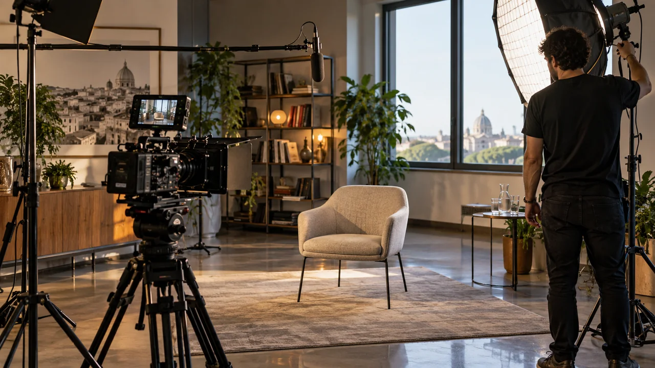 Scena illustrativa generata con AI: una troupe prepara camera, luci e microfono per un’intervista aziendale.