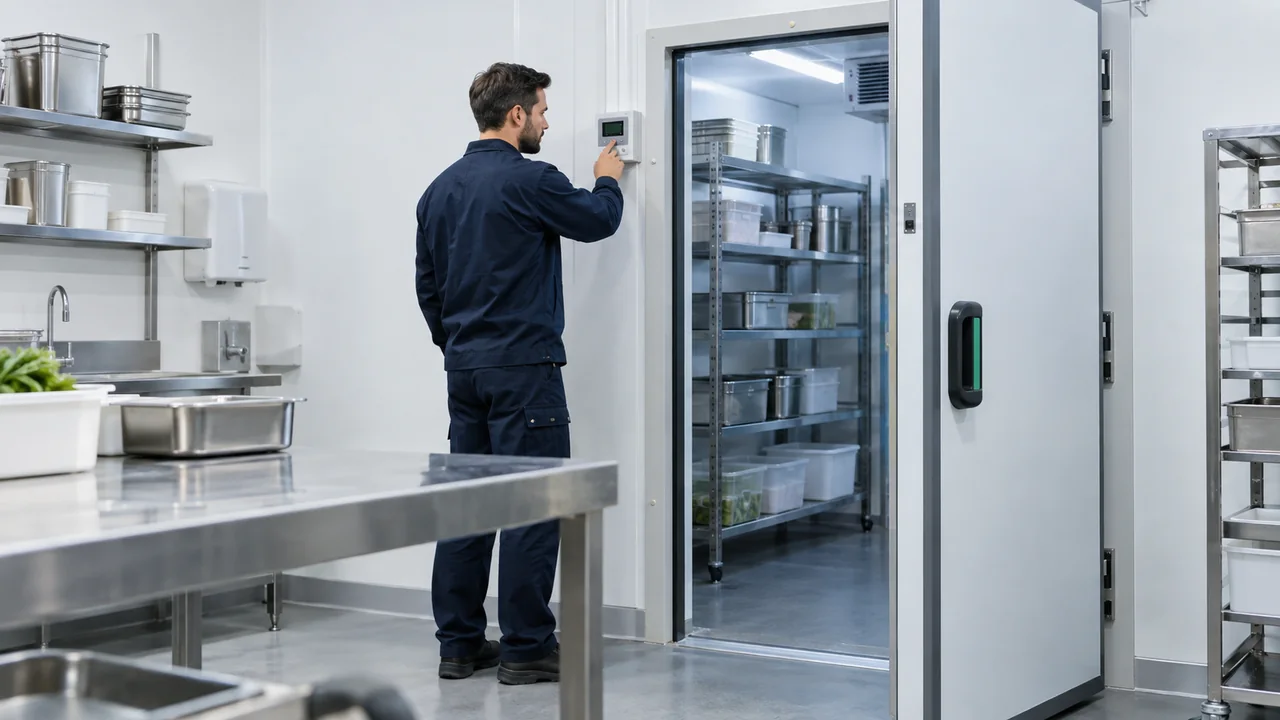 Scena illustrativa: un tecnico controlla il pannello di una cella frigorifera in un laboratorio alimentare con superfici in acciaio.