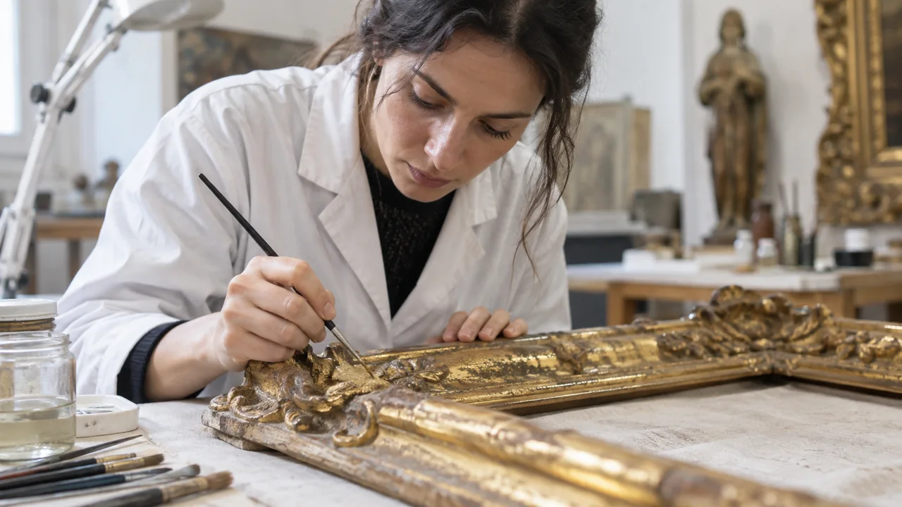 Scena illustrativa: una restauratrice lavora con un pennello su una cornice dorata nel proprio laboratorio.