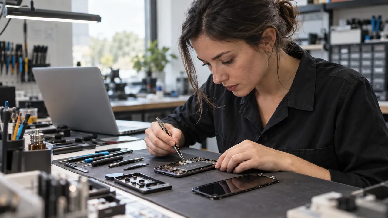 Scena illustrativa: tecnica al banco mentre esamina uno smartphone aperto con strumenti di precisione.