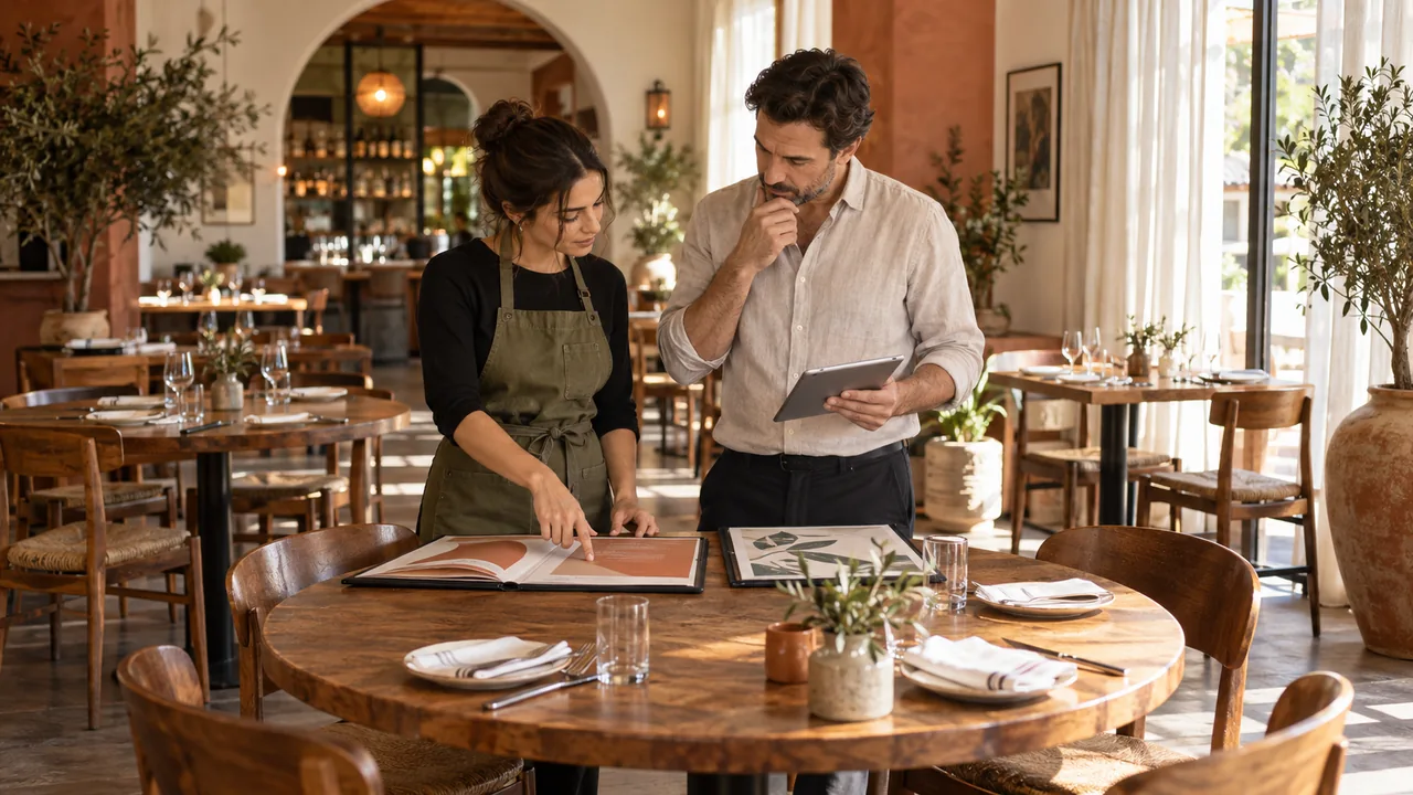 Responsabili di un ristorante confrontano menu e organizzazione dei diversi locali.