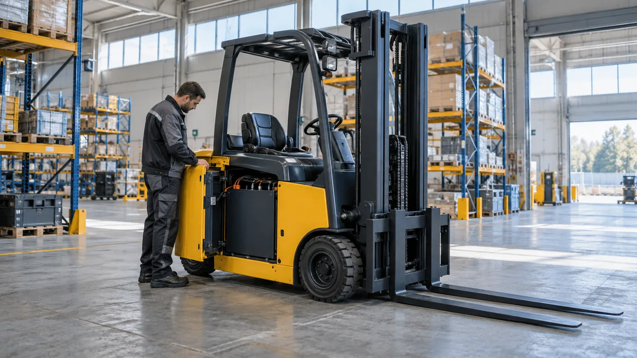 Tecnico che controlla un carrello elevatore elettrico fermo in un magazzino
