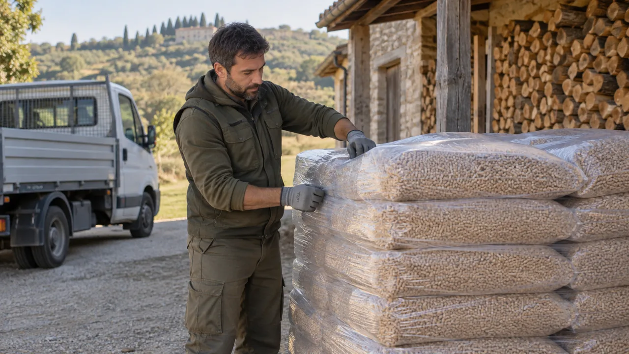 Scena illustrativa: un addetto prepara bancali di pellet in un deposito ordinato vicino a un mezzo di consegna.