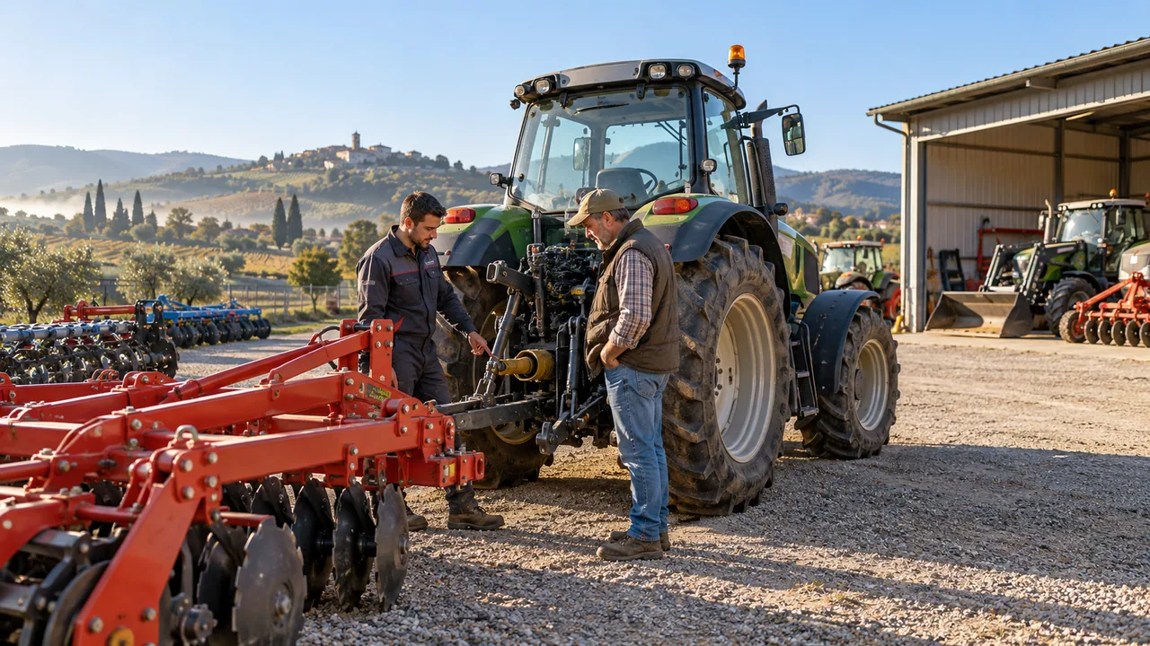 Rivenditore e cliente osservano un trattore e le attrezzature in un piazzale agricolo.