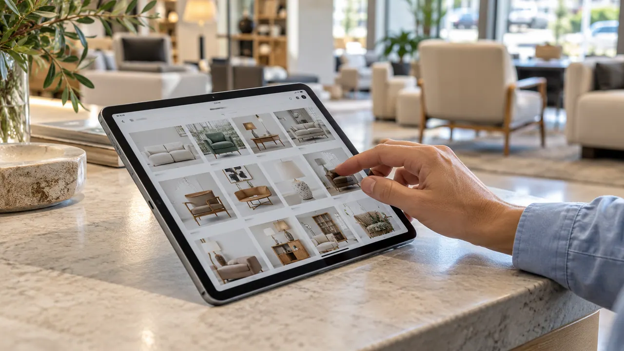 Una mano scorre un catalogo di arredi su un tablet in uno showroom