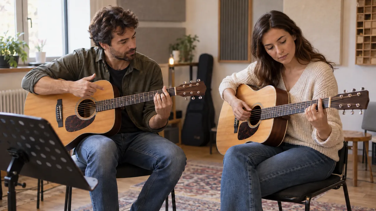 Un insegnante e un’allieva adulta durante una lezione individuale di chitarra acustica.