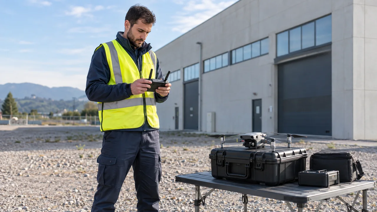 Scena illustrativa: operatore a terra con radiocomando e drone appoggiato sulla custodia, davanti a un edificio industriale.