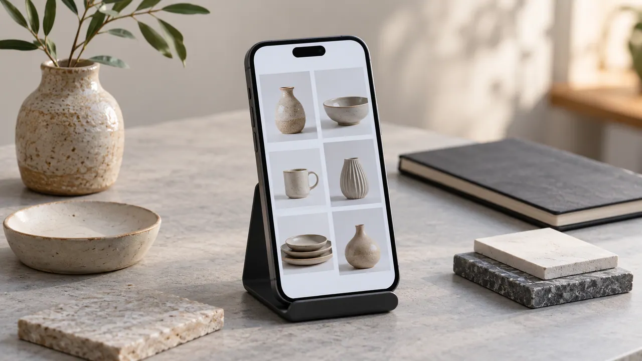 Uno smartphone su un supporto durante il collaudo di una galleria di prodotti