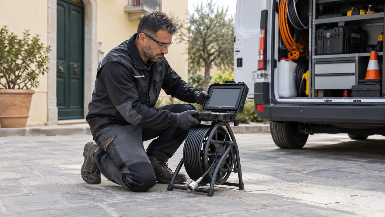 Tecnico prepara una videocamera da ispezione accanto a un mezzo attrezzato, in una scena illustrativa del settore spurghi e videoispezioni.