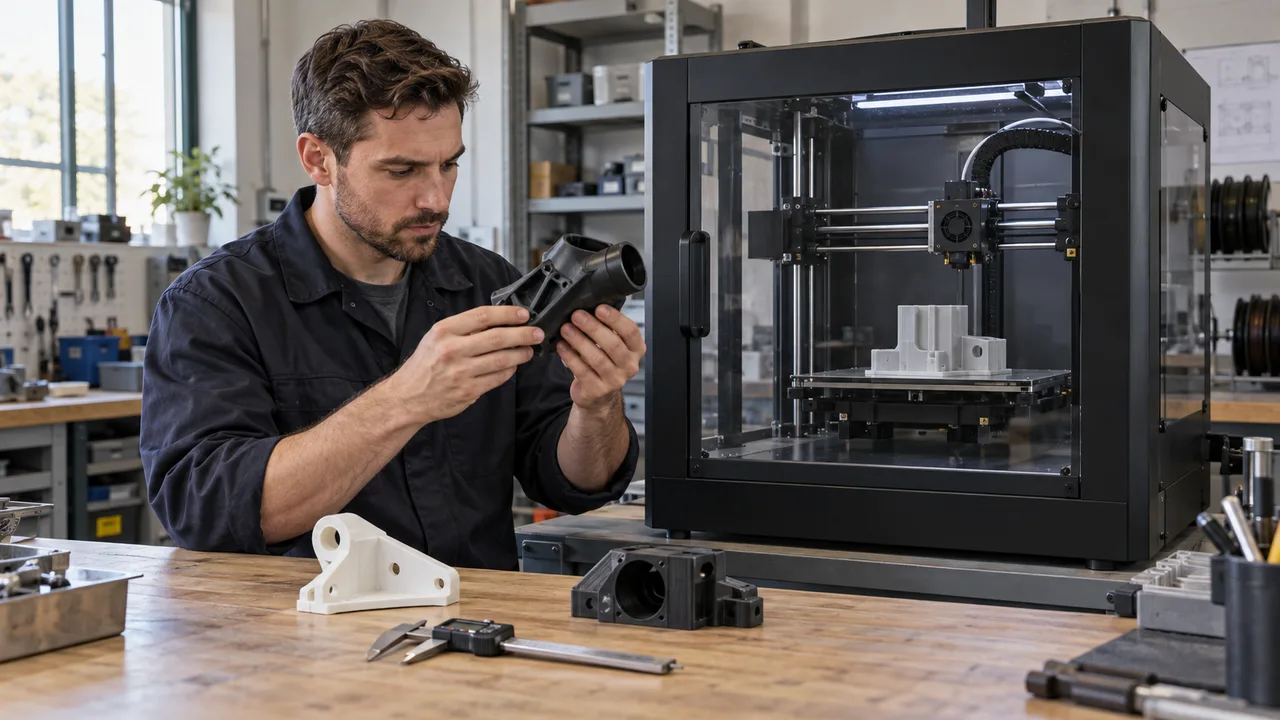Tecnico accanto a una stampante 3D professionale con prototipi funzionali sul banco, in una scena illustrativa.