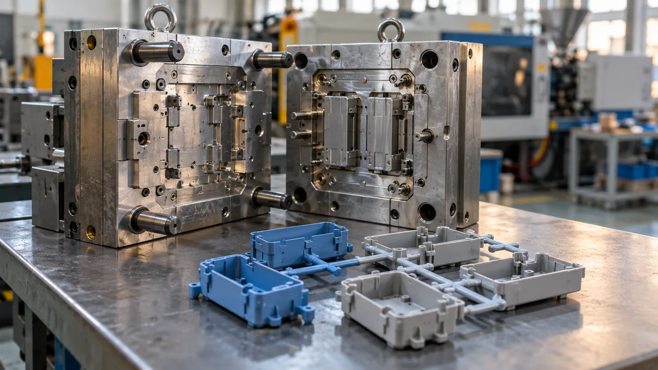 Scena illustrativa generata con AI: uno stampo metallico e componenti plastici su un banco di controllo in uno stabilimento ordinato.