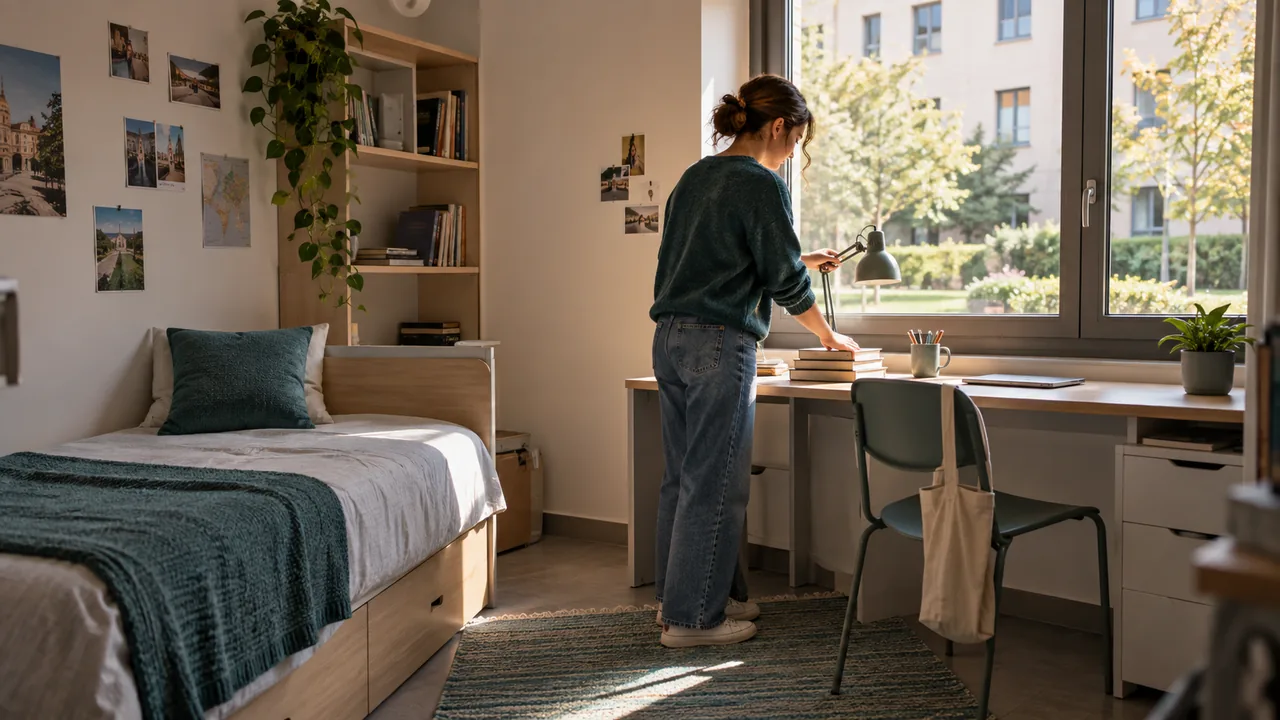 Scena illustrativa generata con AI: una studentessa adulta sistema la scrivania in una camera di una residenza universitaria.