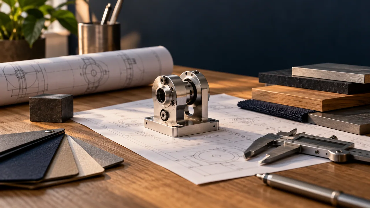 Prototipo meccanico, disegni tecnici, calibro e campioni di materiali sul tavolo di progettazione.