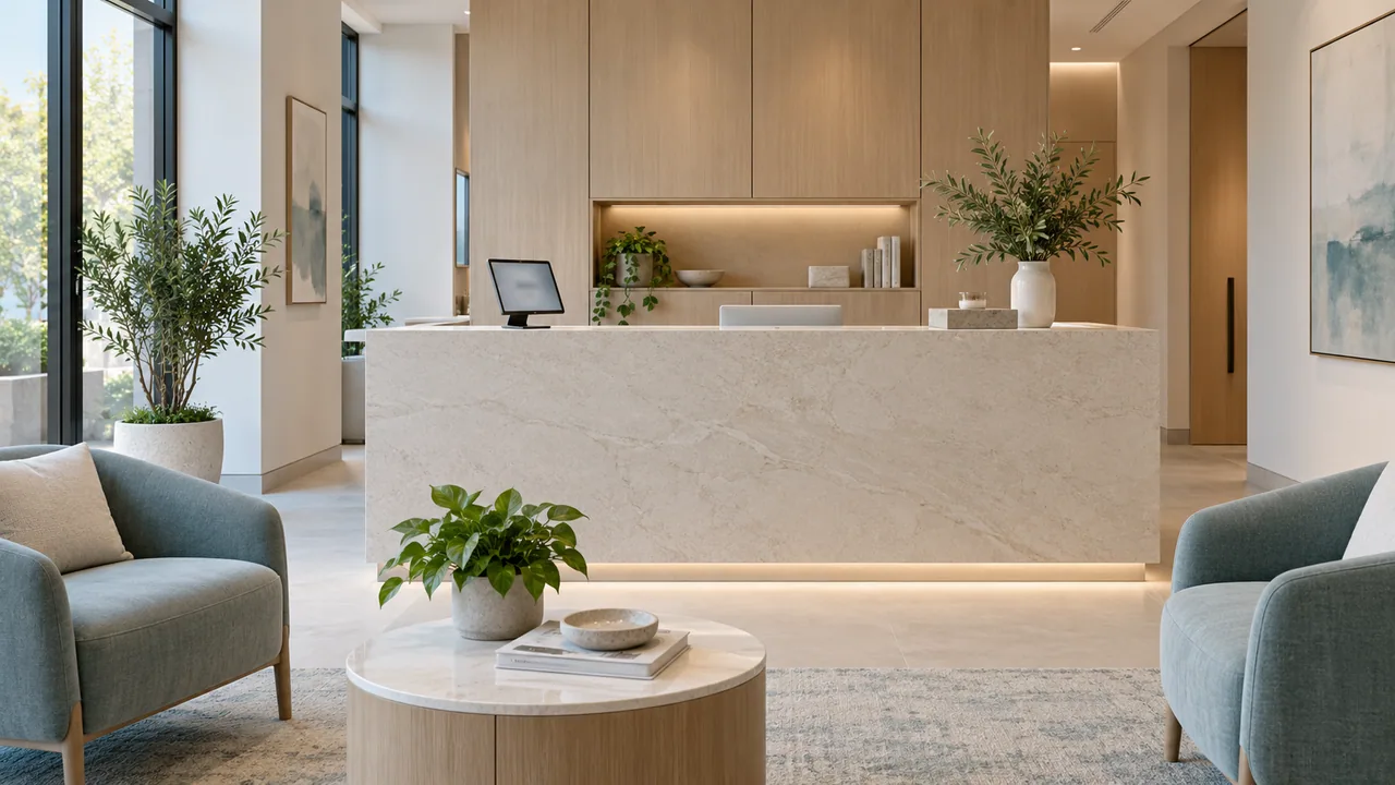 Ambiente di accoglienza di uno studio con banco reception e tablet