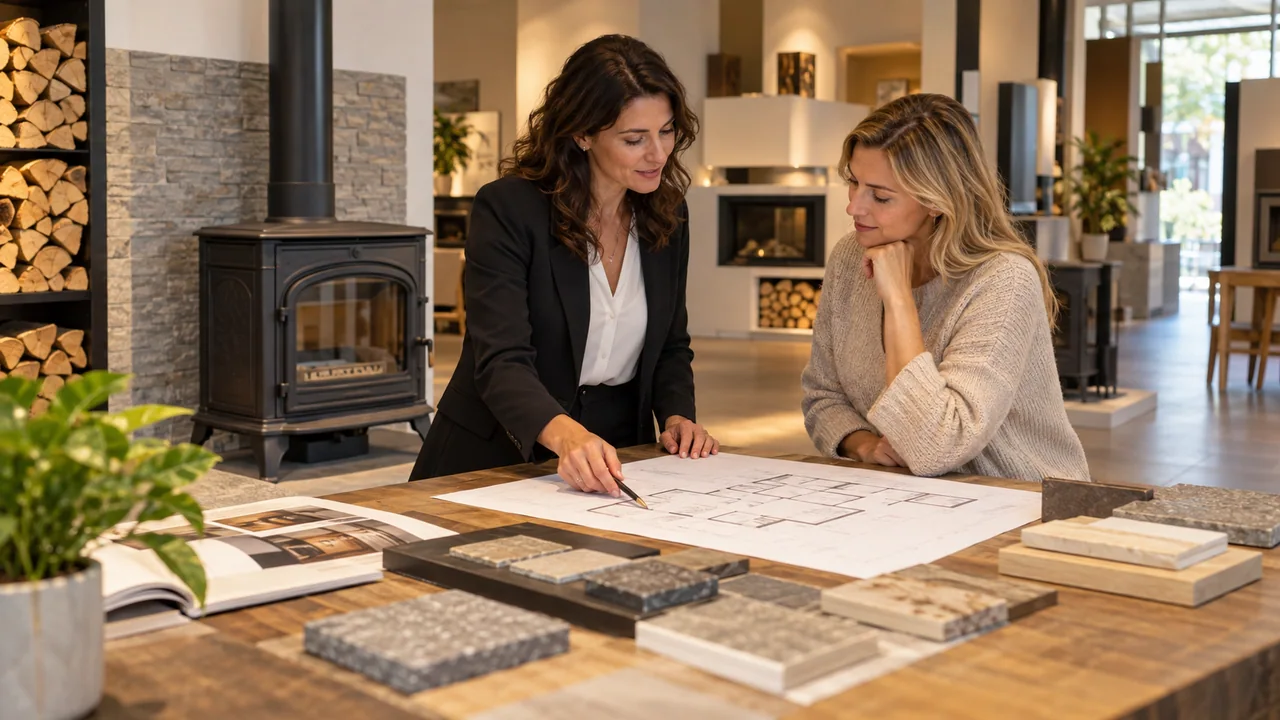 Scena illustrativa: consulente e cliente confrontano una planimetria e campioni di finiture in uno showroom di stufe.