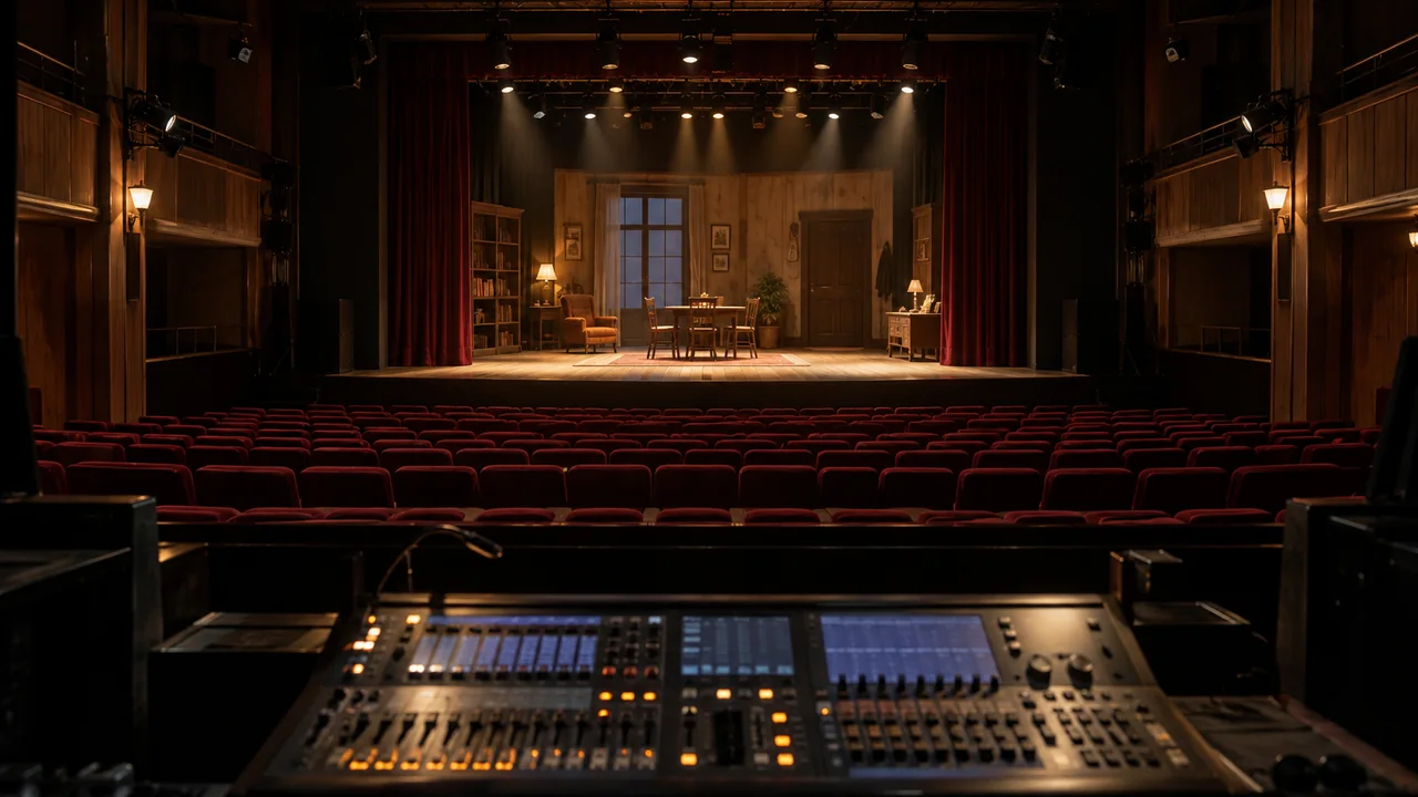 Palco illuminato e platea di un teatro visti dalla cabina di regia, in una scena illustrativa generata con AI.