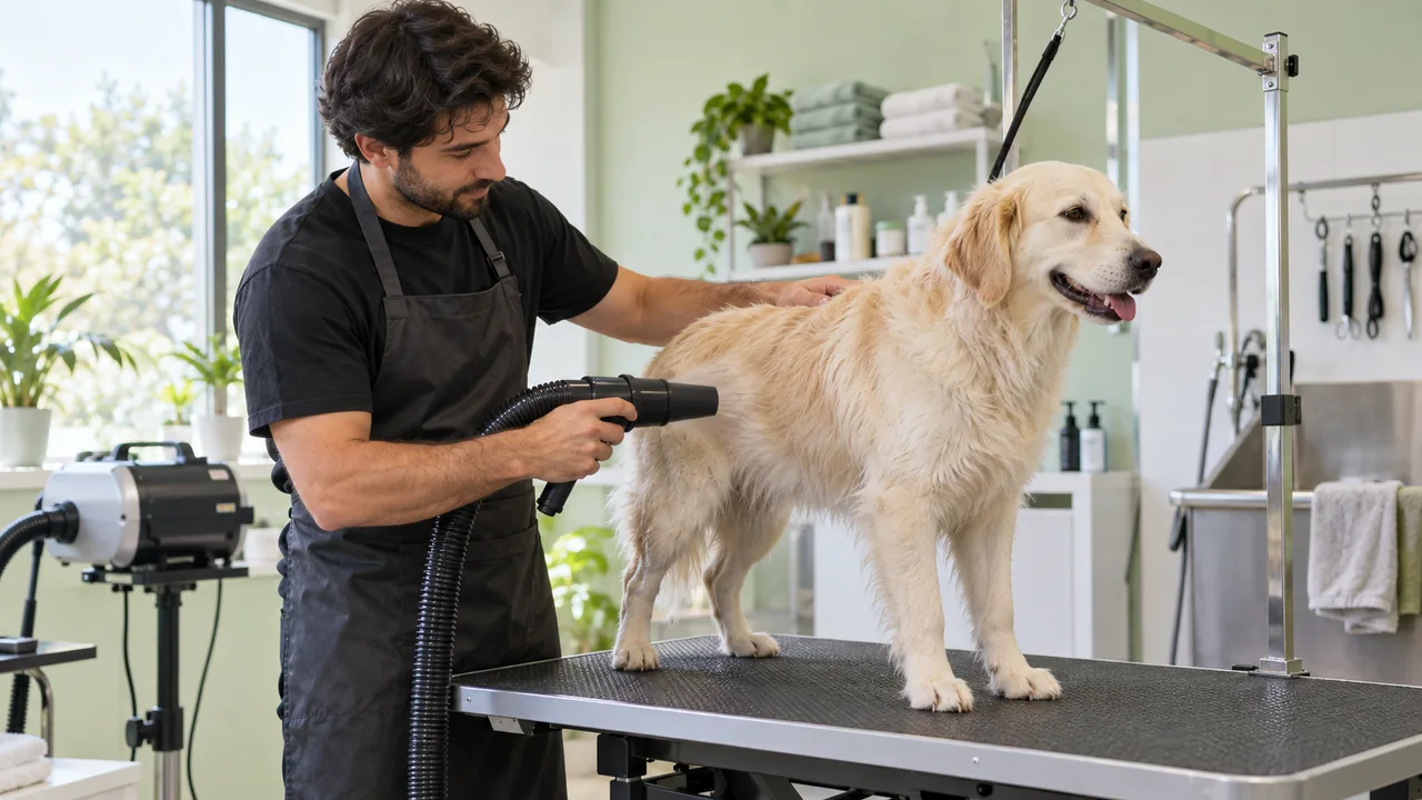 Un toelettatore asciuga un cane su una postazione professionale in un salone ordinato.