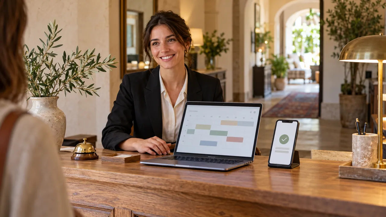 Reception con calendario delle prenotazioni sul portatile e conferma visualizzata sullo smartphone