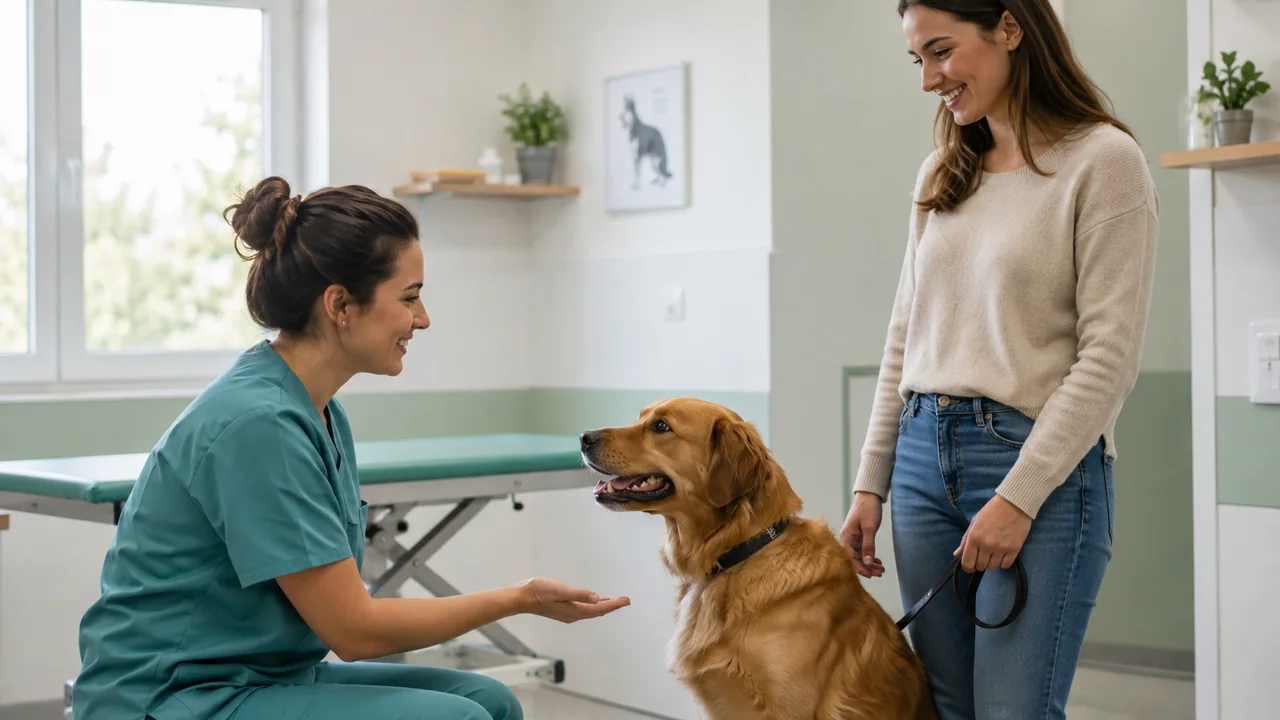 Veterinaria accoglie un cane e il proprietario in un ambulatorio luminoso