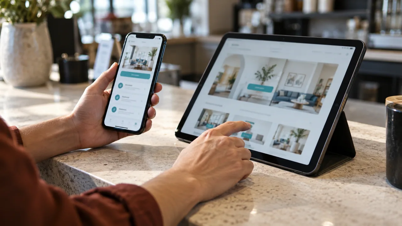 Scena illustrativa: una persona prova un servizio digitale su smartphone e tablet appoggiati a un banco.