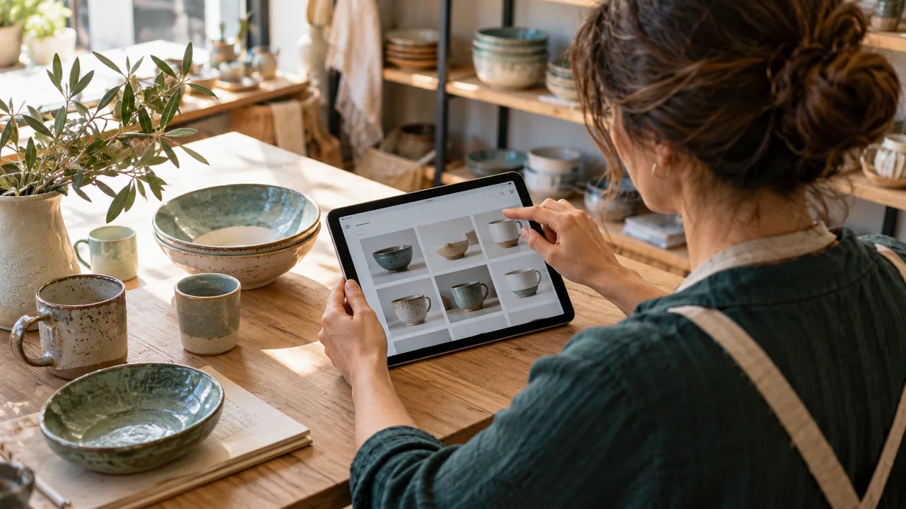 Tablet con un catalogo digitale accanto a prodotti disposti per il confronto