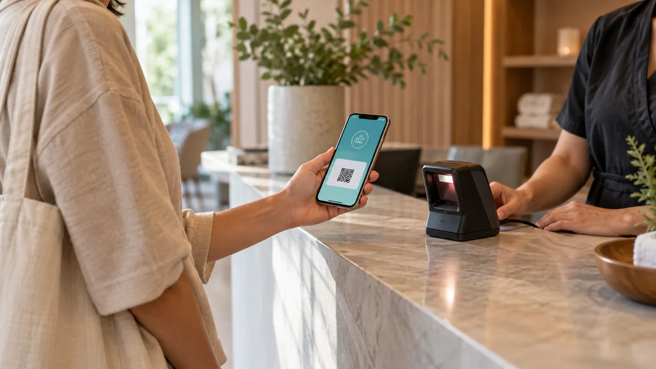 Cliente presenta una tessera digitale sullo smartphone alla reception di un centro benessere.