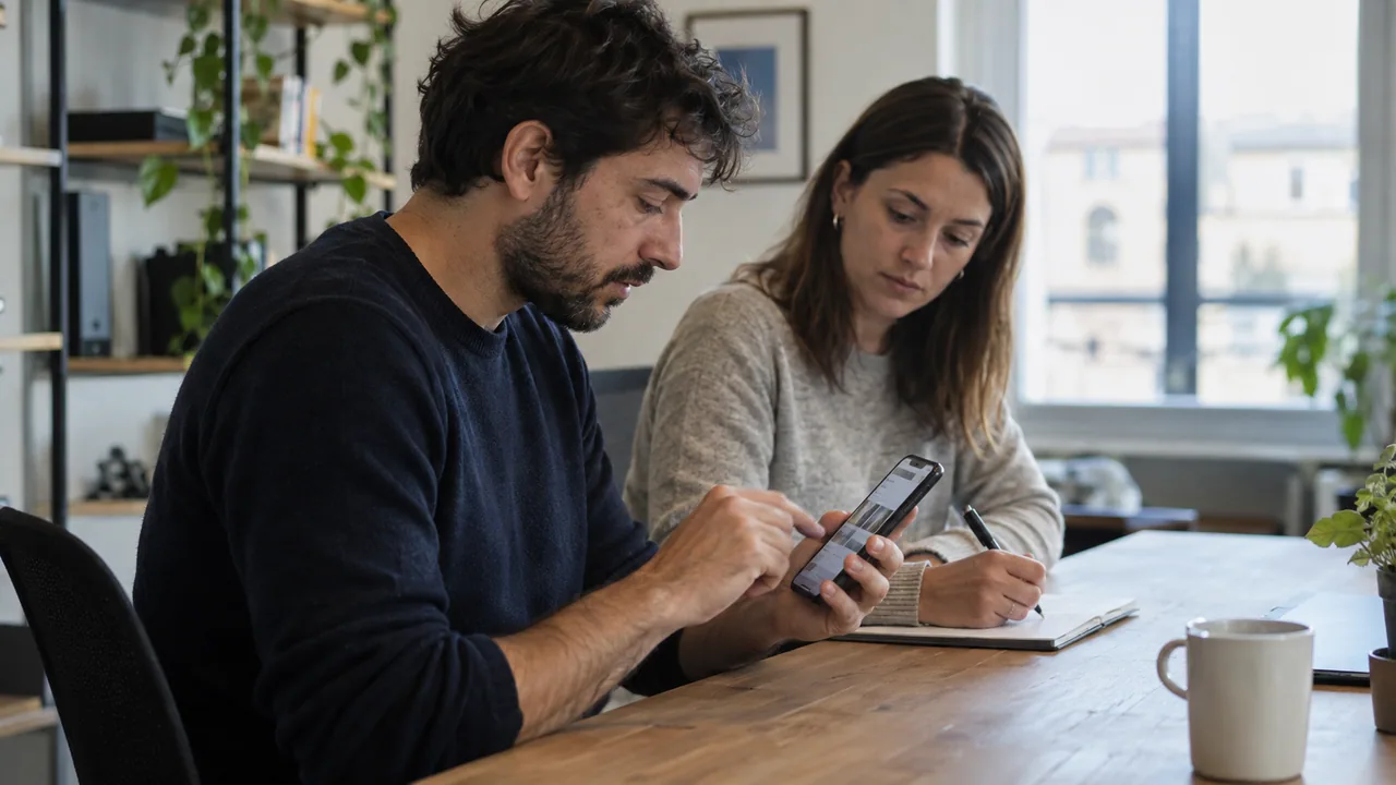 Una persona prova un sito sullo smartphone mentre un osservatore prende appunti