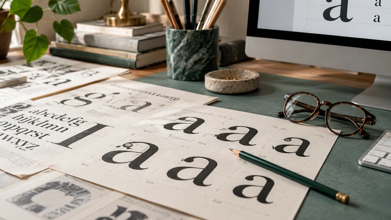 Campioni tipografici su una scrivania accanto allo schermo con una pagina in revisione