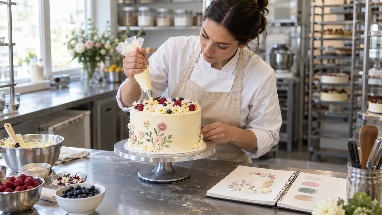 Scena illustrativa di una pasticcera che presenta una torta personalizzata accanto a un bozzetto.