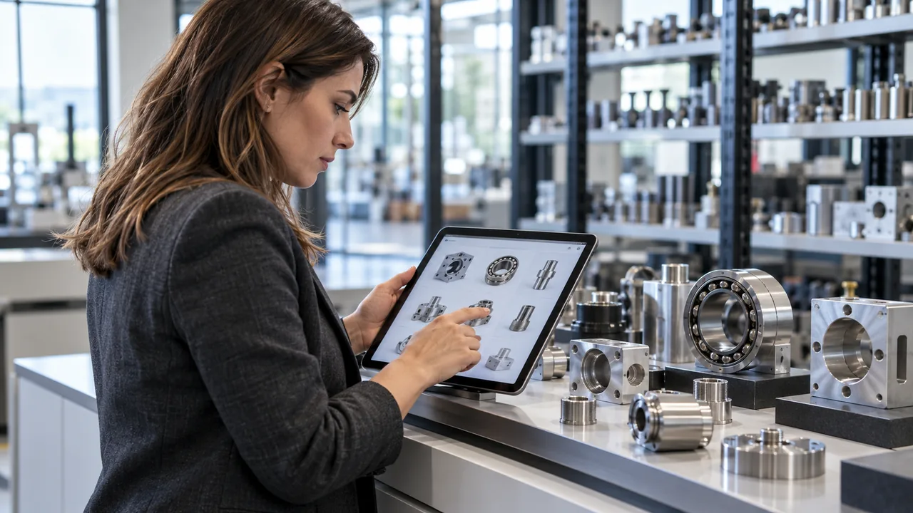 Professionista consulta un catalogo su tablet accanto a componenti meccanici in uno showroom.