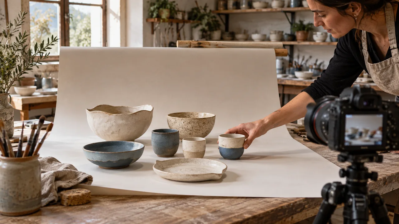 Scena illustrativa generata con AI: un’artigiana prepara ceramiche su un set fotografico per il catalogo online.