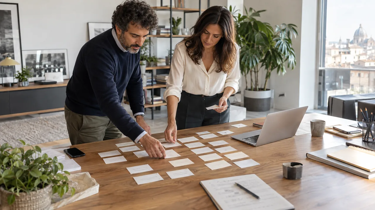 Scena illustrativa: due responsabili riordinano schede di contenuto su un grande tavolo di lavoro.