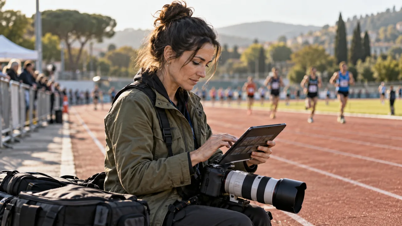 Fotografa consulta un tablet accanto alla fotocamera a bordo di una pista di atletica.