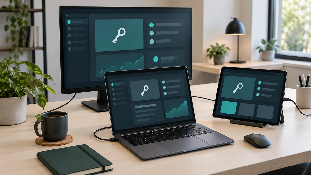 Portatile, tablet e computer su un banco di prova per verificare l’utilizzo di un software su più dispositivi.