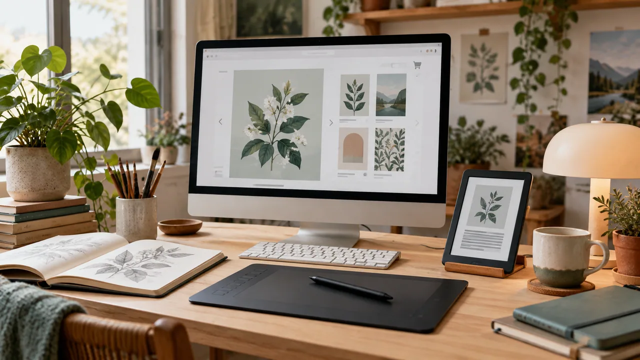 Scena illustrativa: postazione creativa con tavoletta grafica, anteprima di un libro digitale e modelli disponibili online.